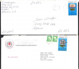Jamaica -1992-  2 Envelopes Circulados para o Reino Unido -Selo $ 1.40/$1.10: 250 Anos da Maonaria Inglesa na Jamaica.
Obs. No envelope com o selo de $1.10, nota-se que foi retirado um selo do envelope.