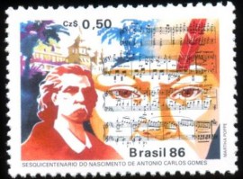 Brasil -1986-MINT - ANTONIO CARLOS GOMES - MAESTRO COMPOSITOR - 
INICIADO EM  24.7.1859, NA LOJA AMIZADE, (SP).