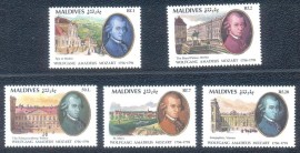Maldives - 1991-MINT - 5 vls. - Homenagem a Mozart.
Cidades de atuao do compositor: Baden. Berlim, St. Marx, Viena, palcio de Schwarzenberg.
